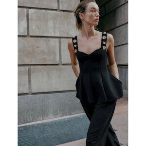 Zara Black Jeweled Stretch Peplum Top Size Small